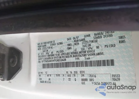 2007 Ford E-250 Commercial/Recreational z USA, uszkodzony, nr VIN 1FTNE24W47DB33428